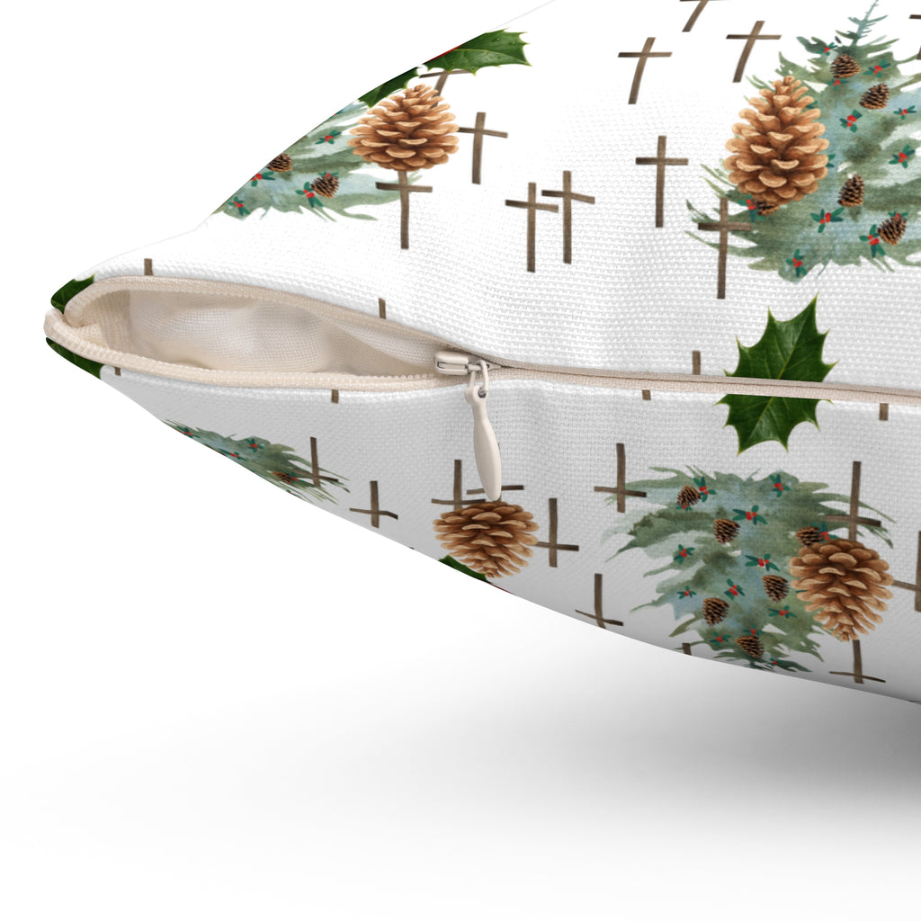 Contemporary Faith-Inspired Christmas Trees & Crosses Holiday Pillow — Holly Berries Accent