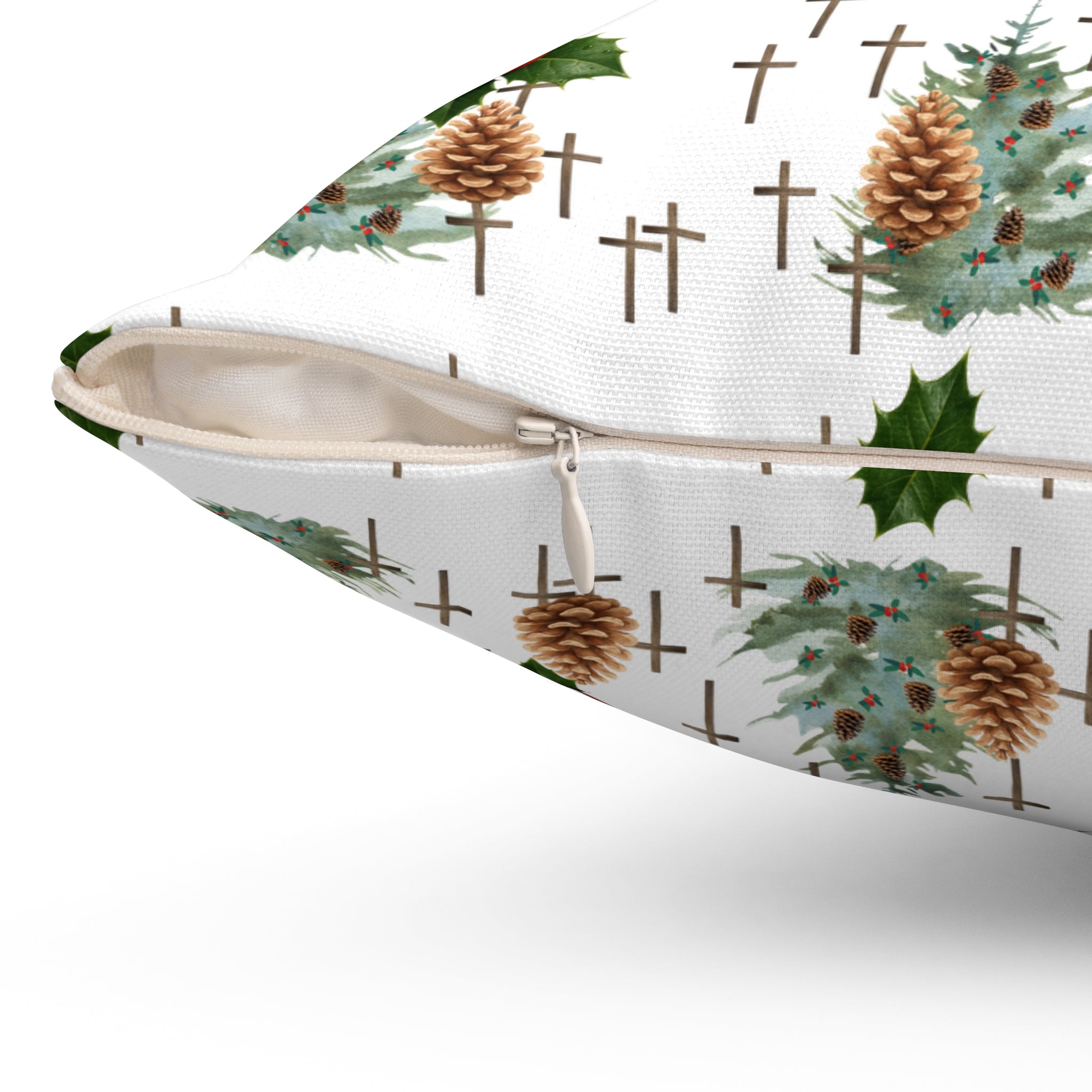 Contemporary Faith-Inspired Christmas Trees & Crosses Holiday Pillow — Holly Berries Accent