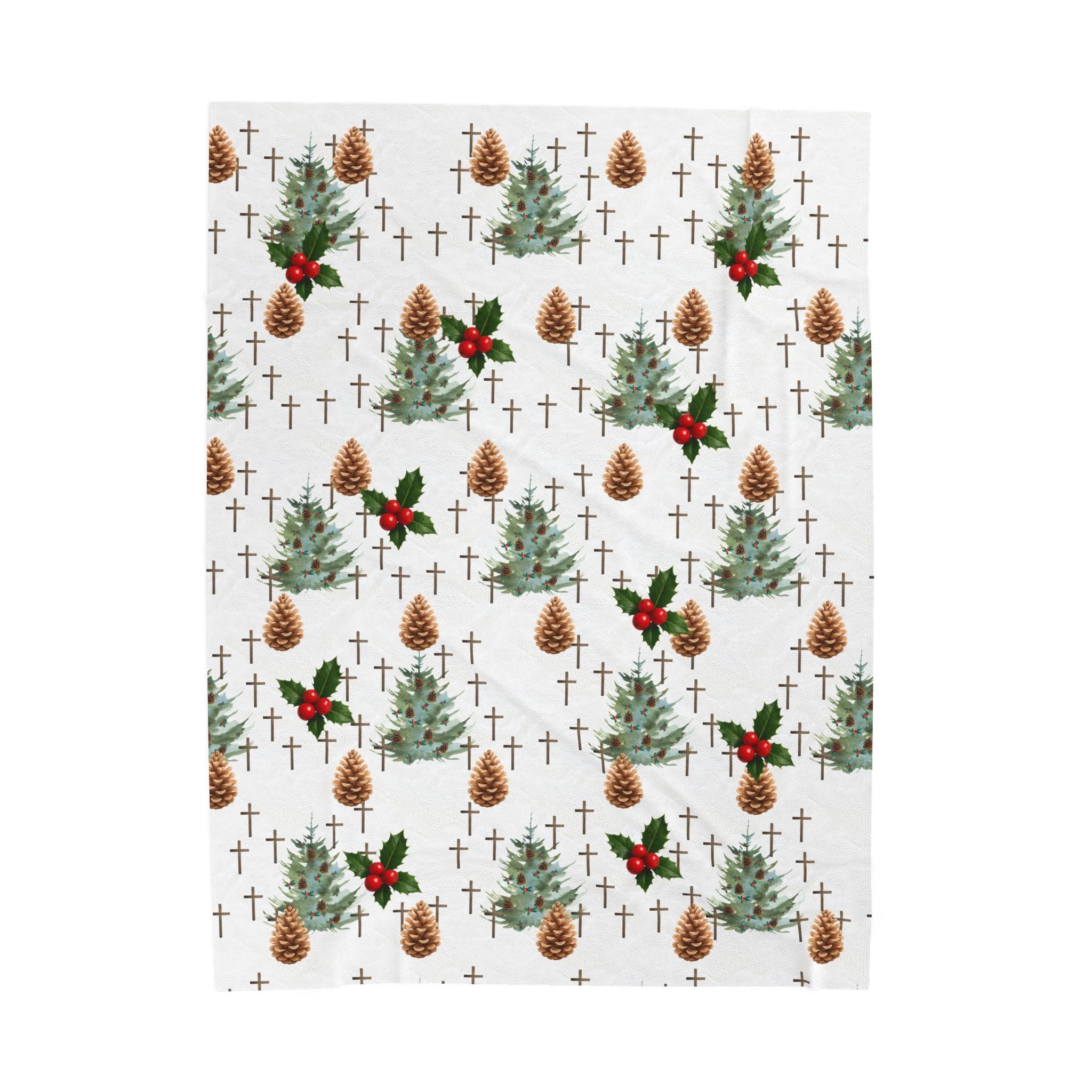 Faith Inspired Pinecone,Tree, and Cross Velveteen Plush Blanket | Christmas Decor, Lightweight