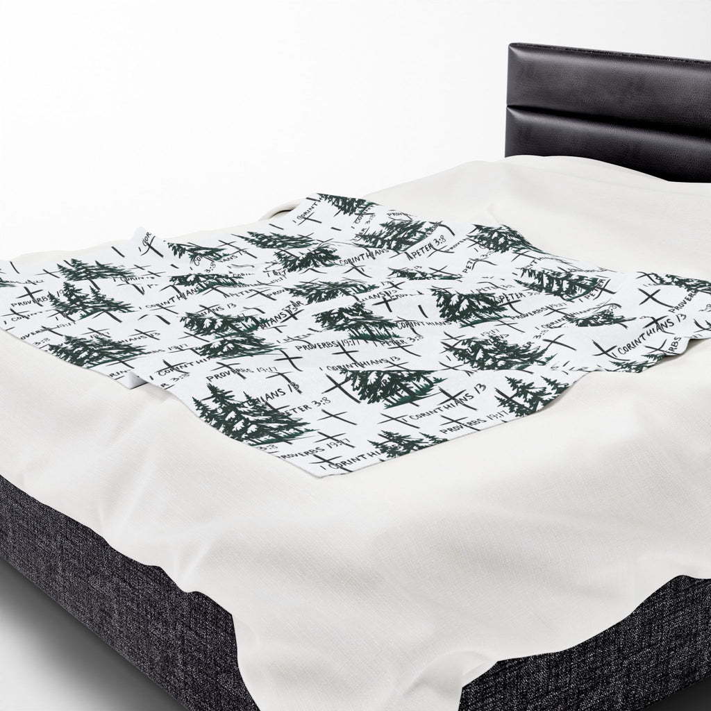 Faith Inspired Tree and Cross Velveteen Plush Blanket | Christmas Decor, Lightweight