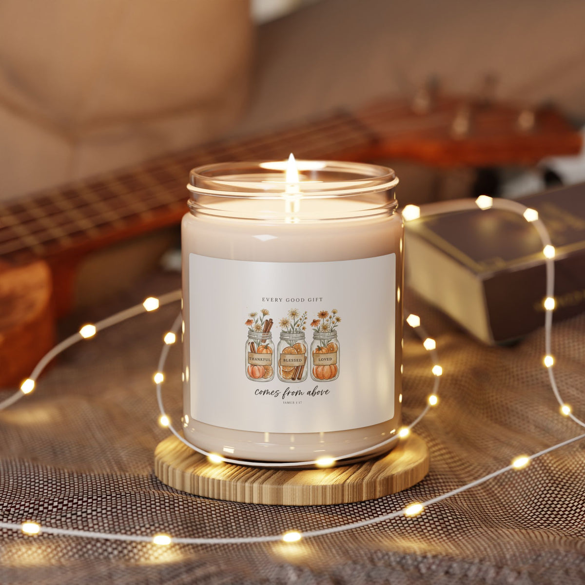 Every Good Gift Comes From Above Candle | Christian Autumn soy candle, pumpkin leaves