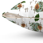 Contemporary Faith-Inspired Christmas Trees & Crosses Holiday Pillow — Holly Berries Accent