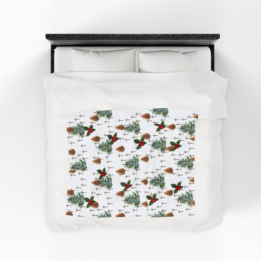 Faith Inspired Pinecone,Tree, and Cross Velveteen Plush Blanket | Christmas Decor, Lightweight