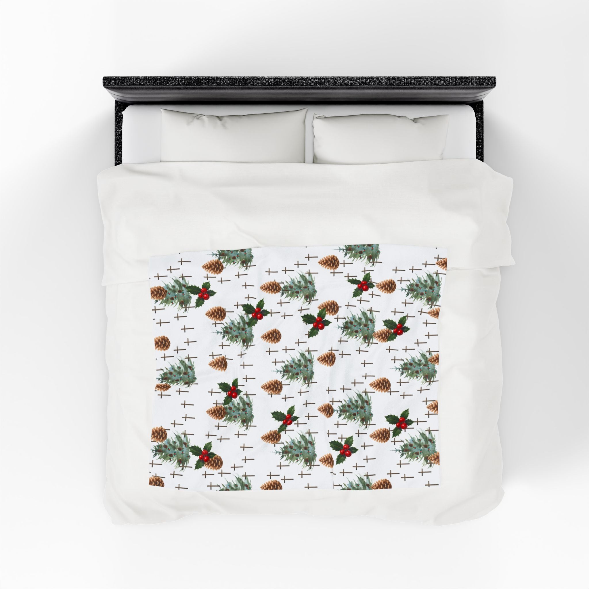 Faith Inspired Pinecone,Tree, and Cross Velveteen Plush Blanket | Christmas Decor, Lightweight