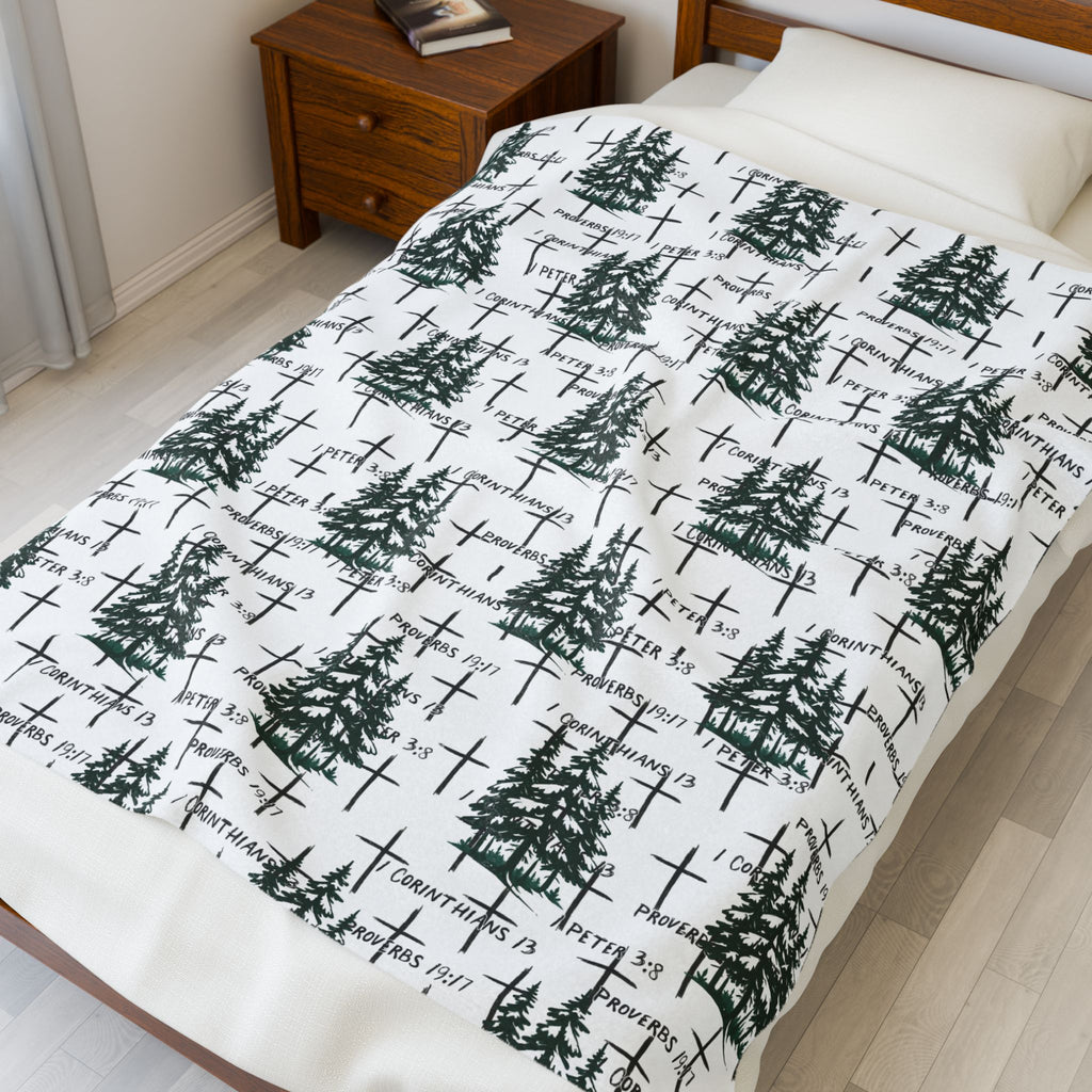 Faith Inspired Tree and Cross Velveteen Plush Blanket | Christmas Decor, Lightweight