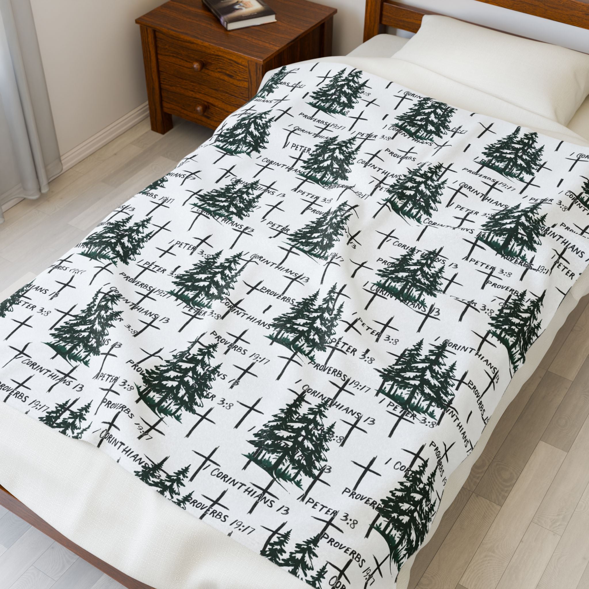 Faith Inspired Tree and Cross Velveteen Plush Blanket | Christmas Decor, Lightweight