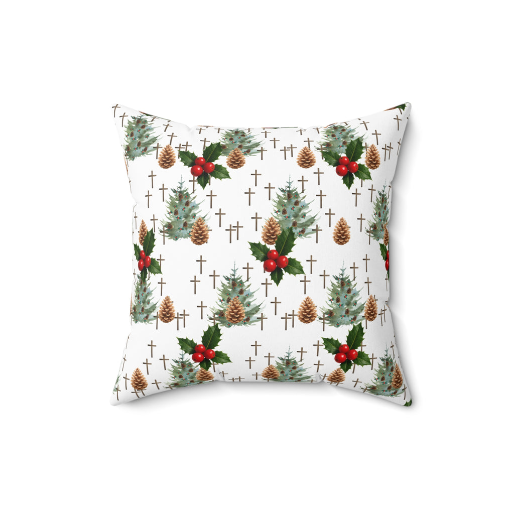 Contemporary Faith-Inspired Christmas Trees & Crosses Holiday Pillow — Holly Berries Accent