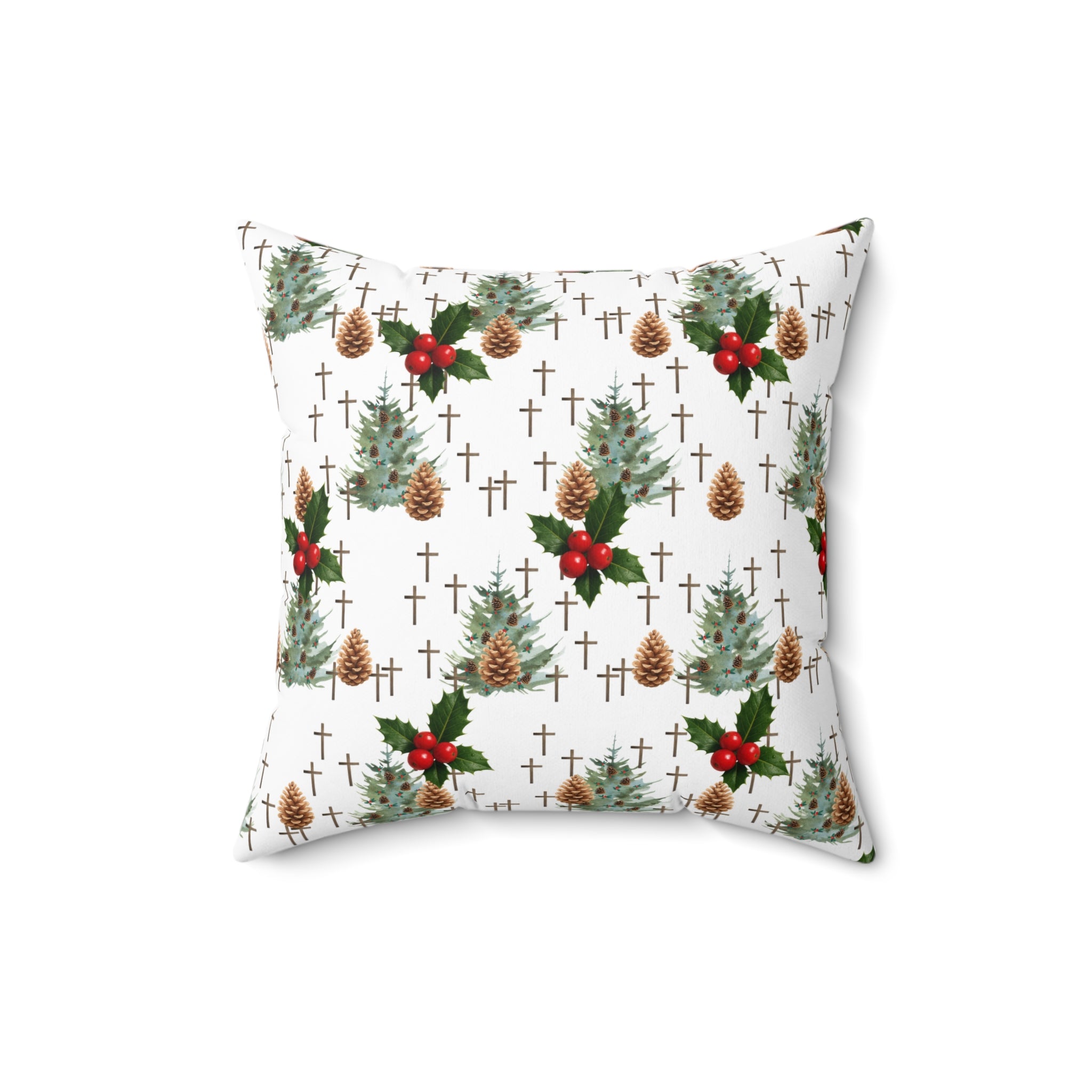 Contemporary Faith-Inspired Christmas Trees & Crosses Holiday Pillow — Holly Berries Accent