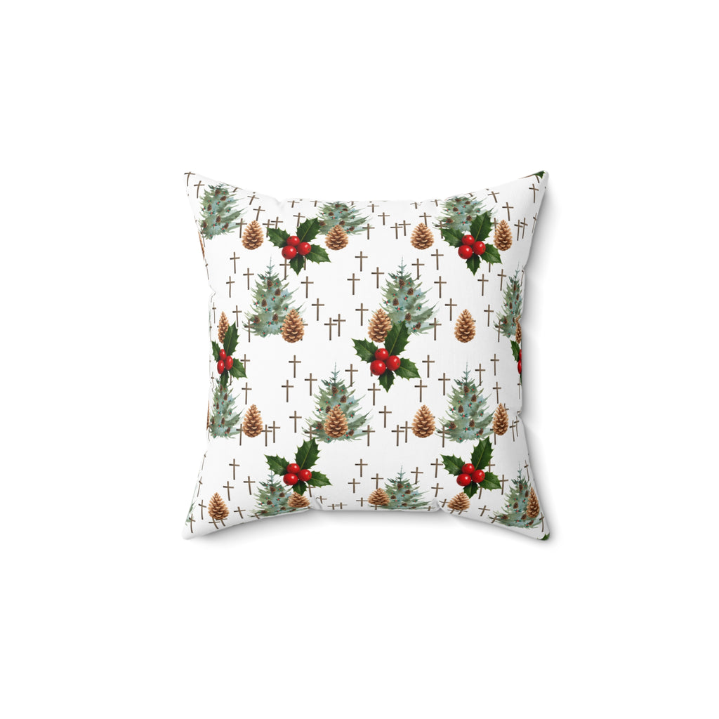 Contemporary Faith-Inspired Christmas Trees & Crosses Holiday Pillow — Holly Berries Accent