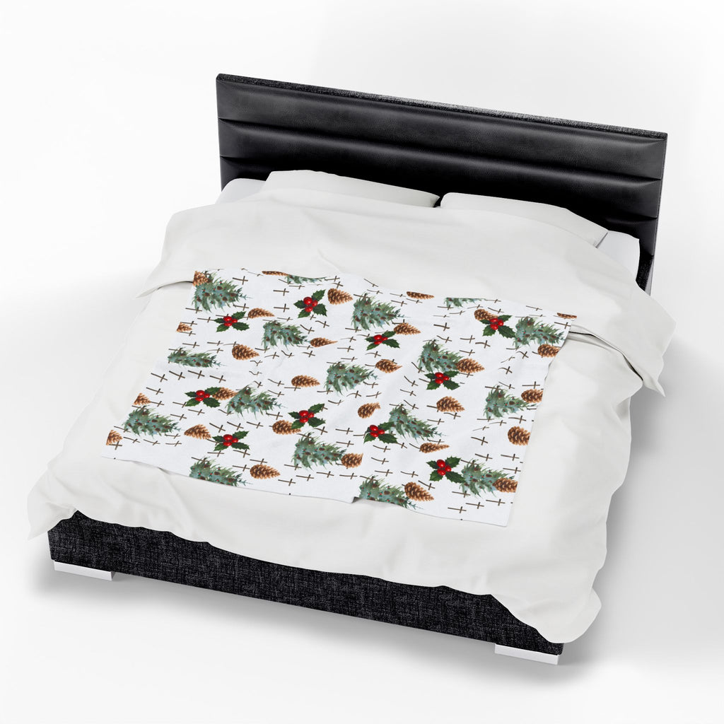 Faith Inspired Pinecone,Tree, and Cross Velveteen Plush Blanket | Christmas Decor, Lightweight