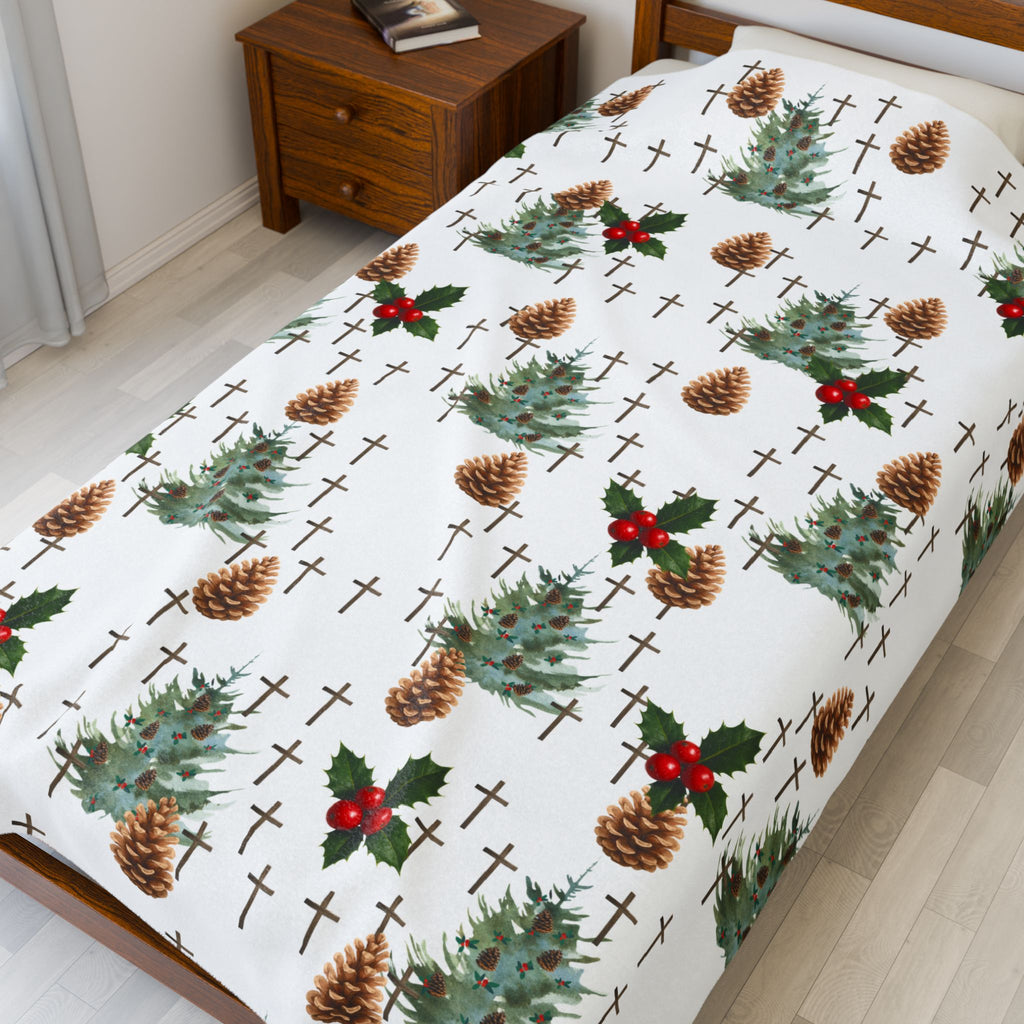 Faith Inspired Pinecone,Tree, and Cross Velveteen Plush Blanket | Christmas Decor, Lightweight