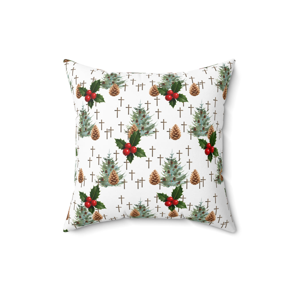 Contemporary Faith-Inspired Christmas Trees & Crosses Holiday Pillow — Holly Berries Accent