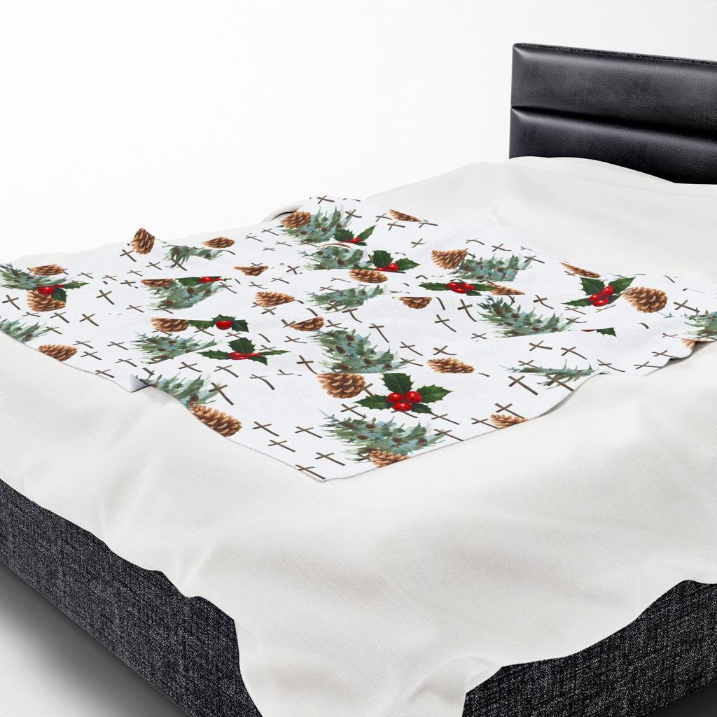 Faith Inspired Pinecone,Tree, and Cross Velveteen Plush Blanket | Christmas Decor, Lightweight
