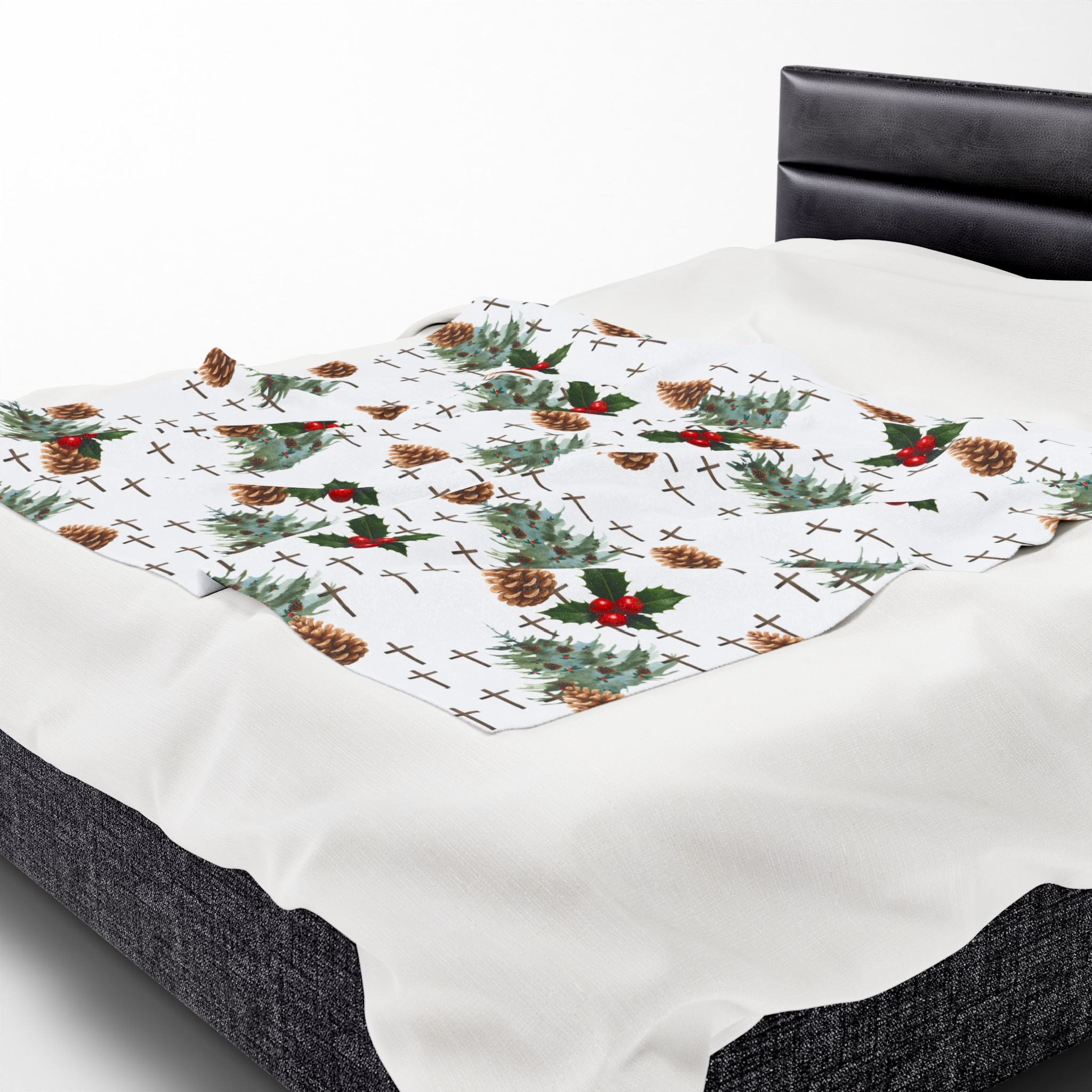 Faith Inspired Pinecone,Tree, and Cross Velveteen Plush Blanket | Christmas Decor, Lightweight