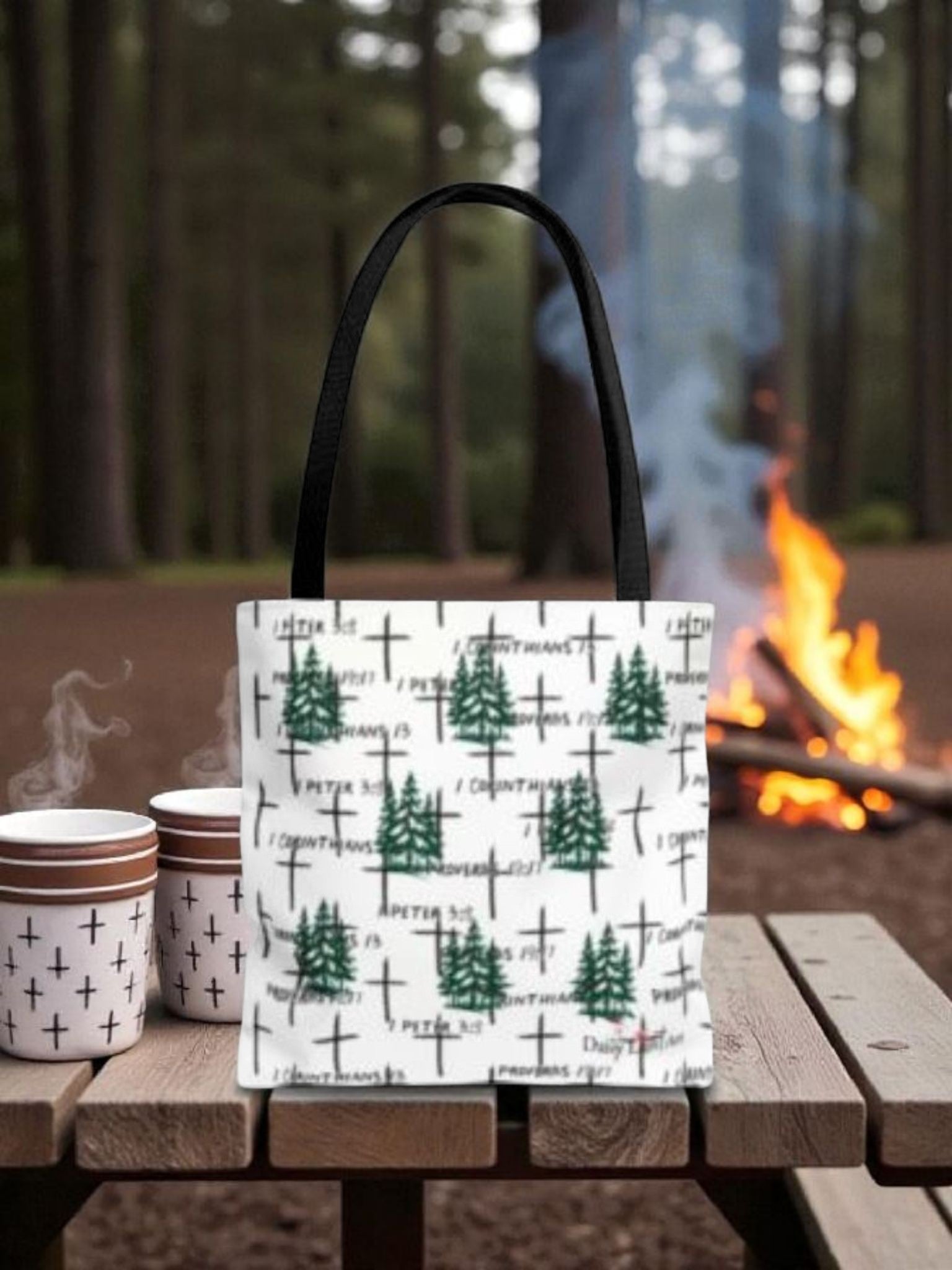 🌲 Faith-Inspired Tote Bag: Pine Trees, Crosses & Scripture 🌲