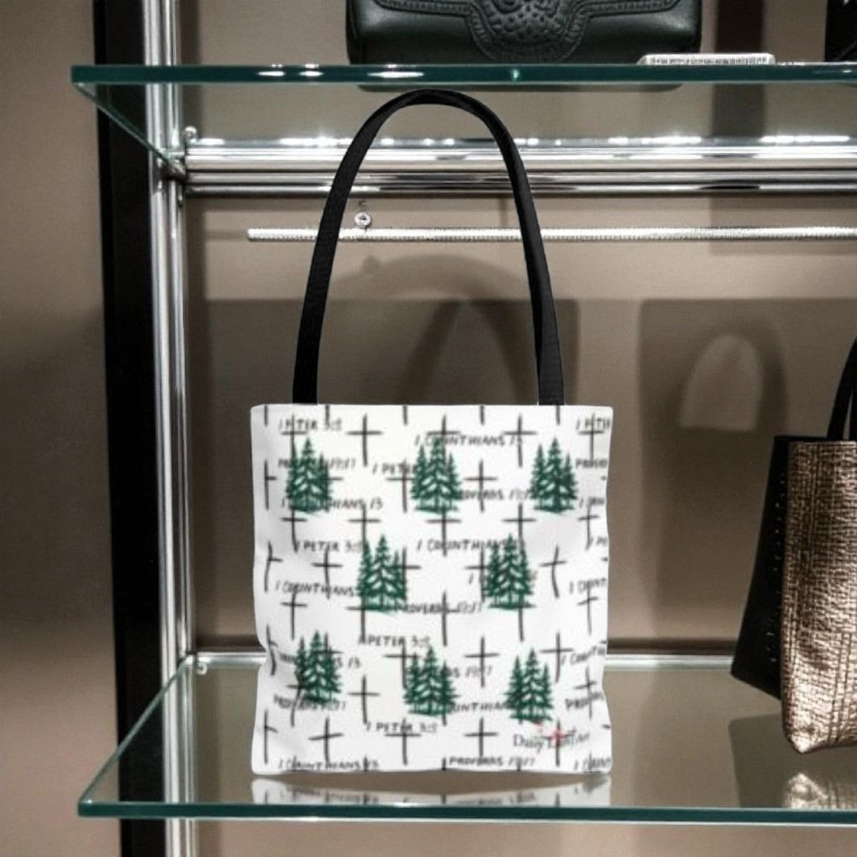 🌲 Faith-Inspired Tote Bag: Pine Trees, Crosses & Scripture 🌲