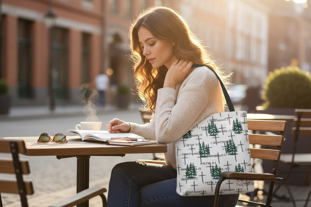 🌲 Faith-Inspired Tote Bag: Pine Trees, Crosses & Scripture 🌲