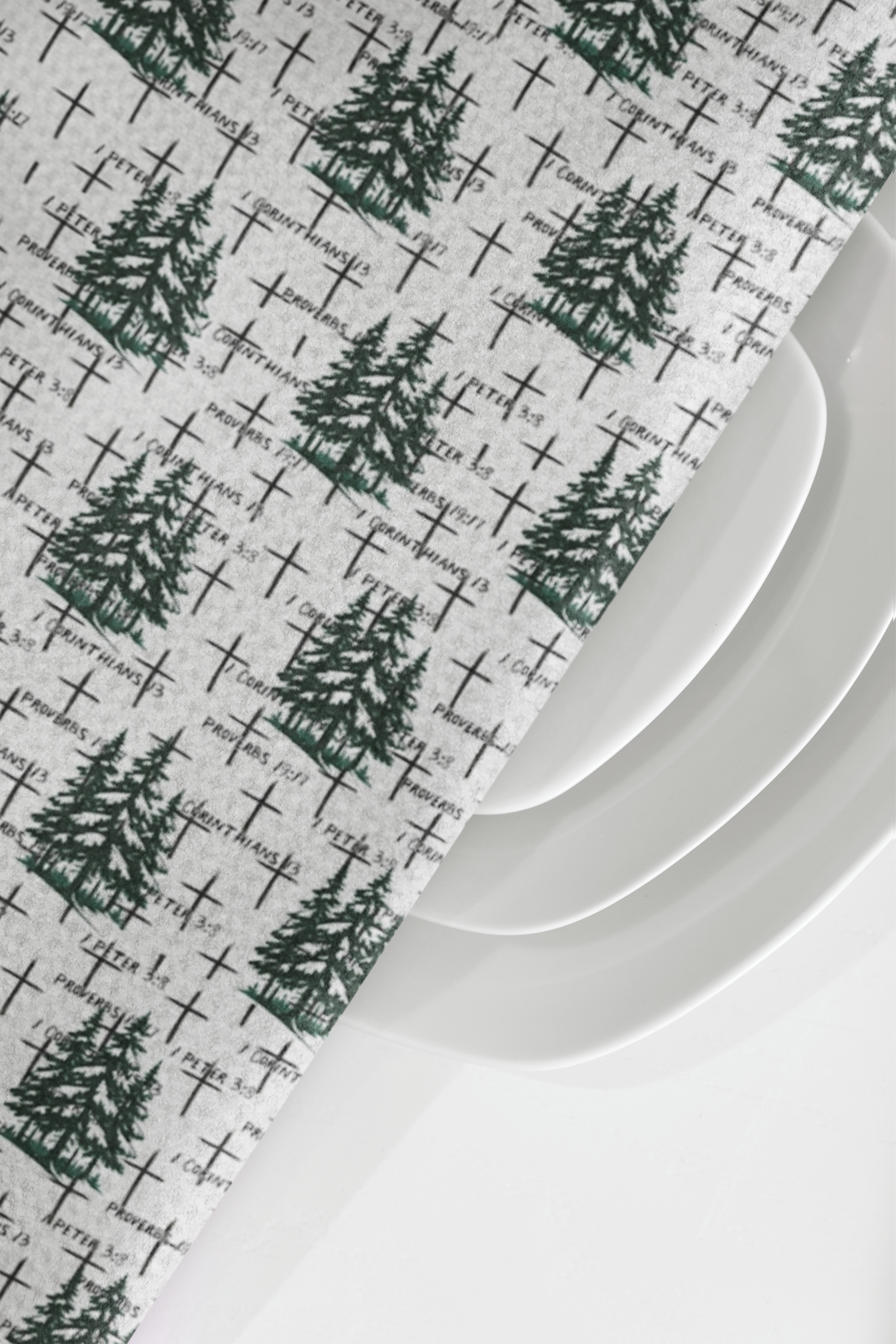 Holiday Christmas Faith-Inspired Tea Towel: Pine Trees, Crosses & Scripture