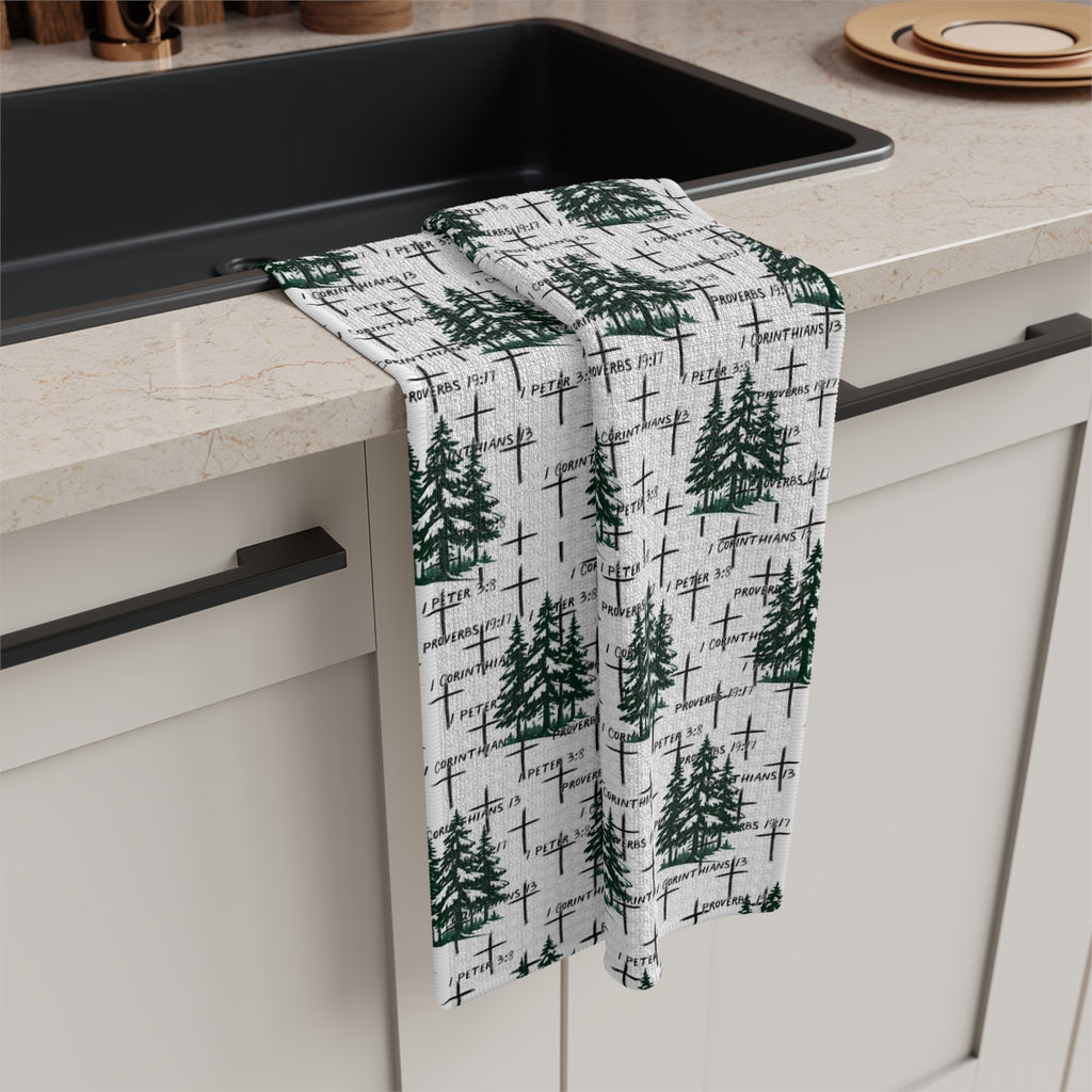 Holiday Christmas Faith-Inspired Tea Towel: Pine Trees, Crosses & Scripture