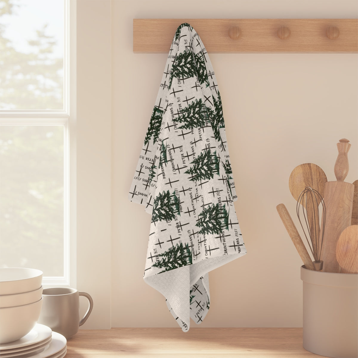 Holiday Christmas Faith-Inspired Tea Towel: Pine Trees, Crosses & Scripture