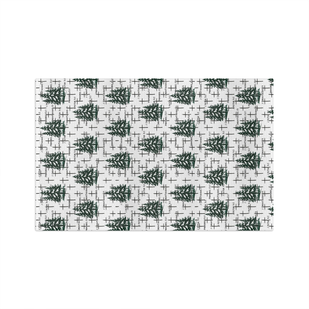 Holiday Christmas Faith-Inspired Tea Towel: Pine Trees, Crosses & Scripture