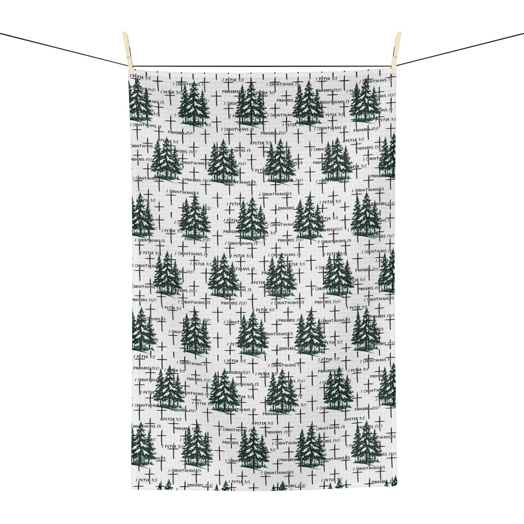 Holiday Christmas Faith-Inspired Tea Towel: Pine Trees, Crosses & Scripture
