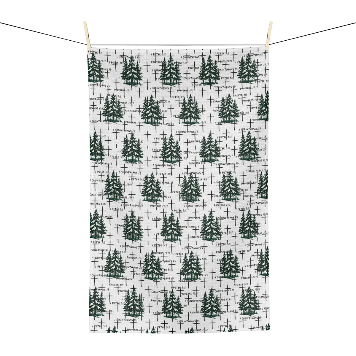 Holiday Christmas Faith-Inspired Tea Towel: Pine Trees, Crosses & Scripture