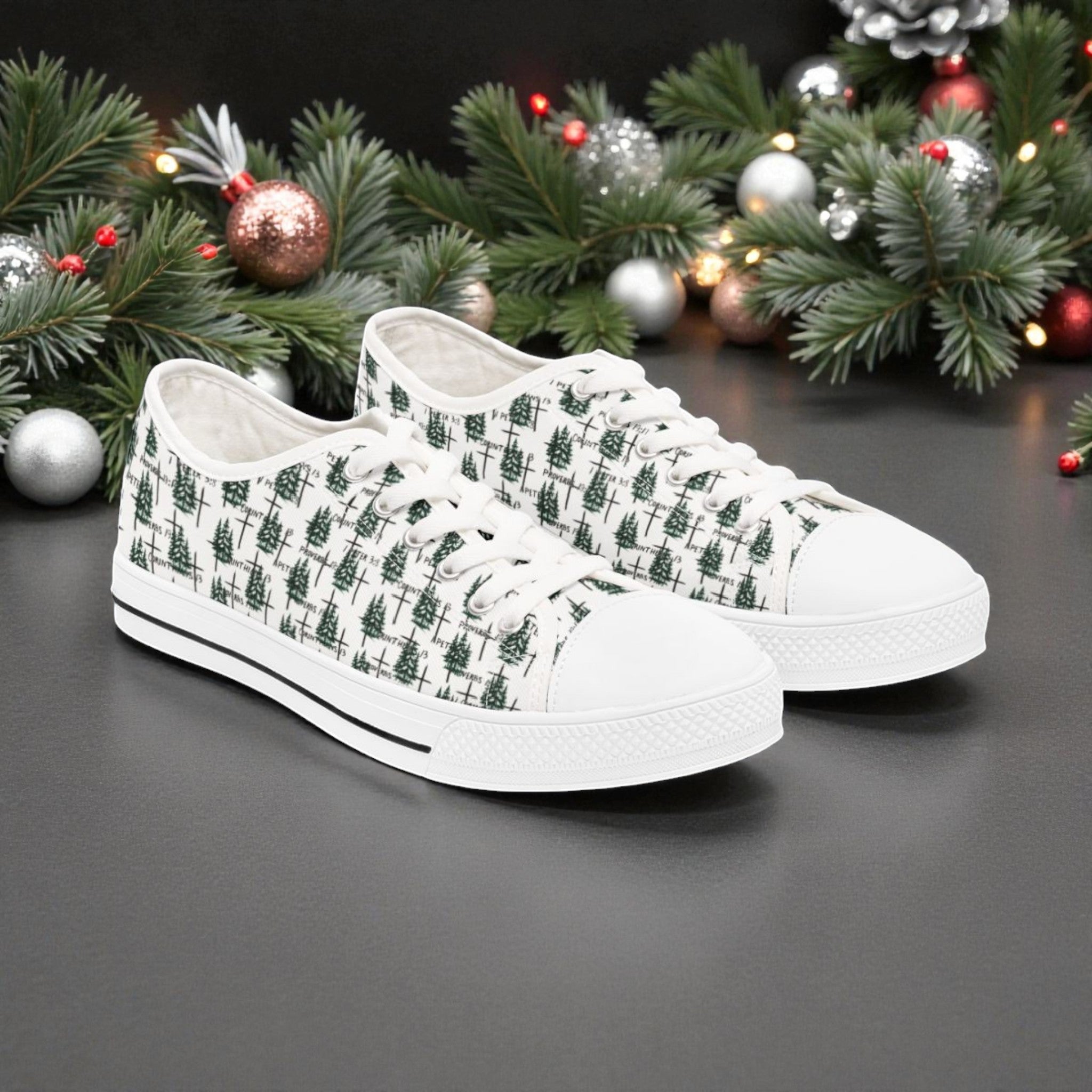 🌲 Faith-Inspired Women’s Tennis Shoes: Pine Trees, Crosses & Scripture