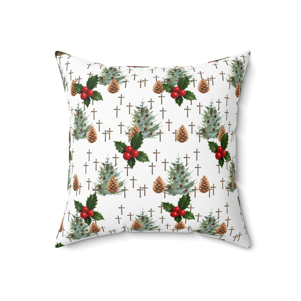 Contemporary Faith-Inspired Christmas Trees & Crosses Holiday Pillow — Holly Berries Accent