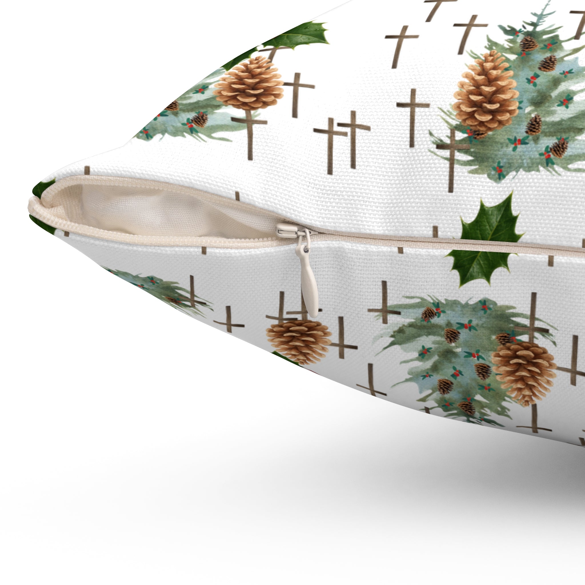 Contemporary Faith-Inspired Christmas Trees & Crosses Holiday Pillow — Holly Berries Accent