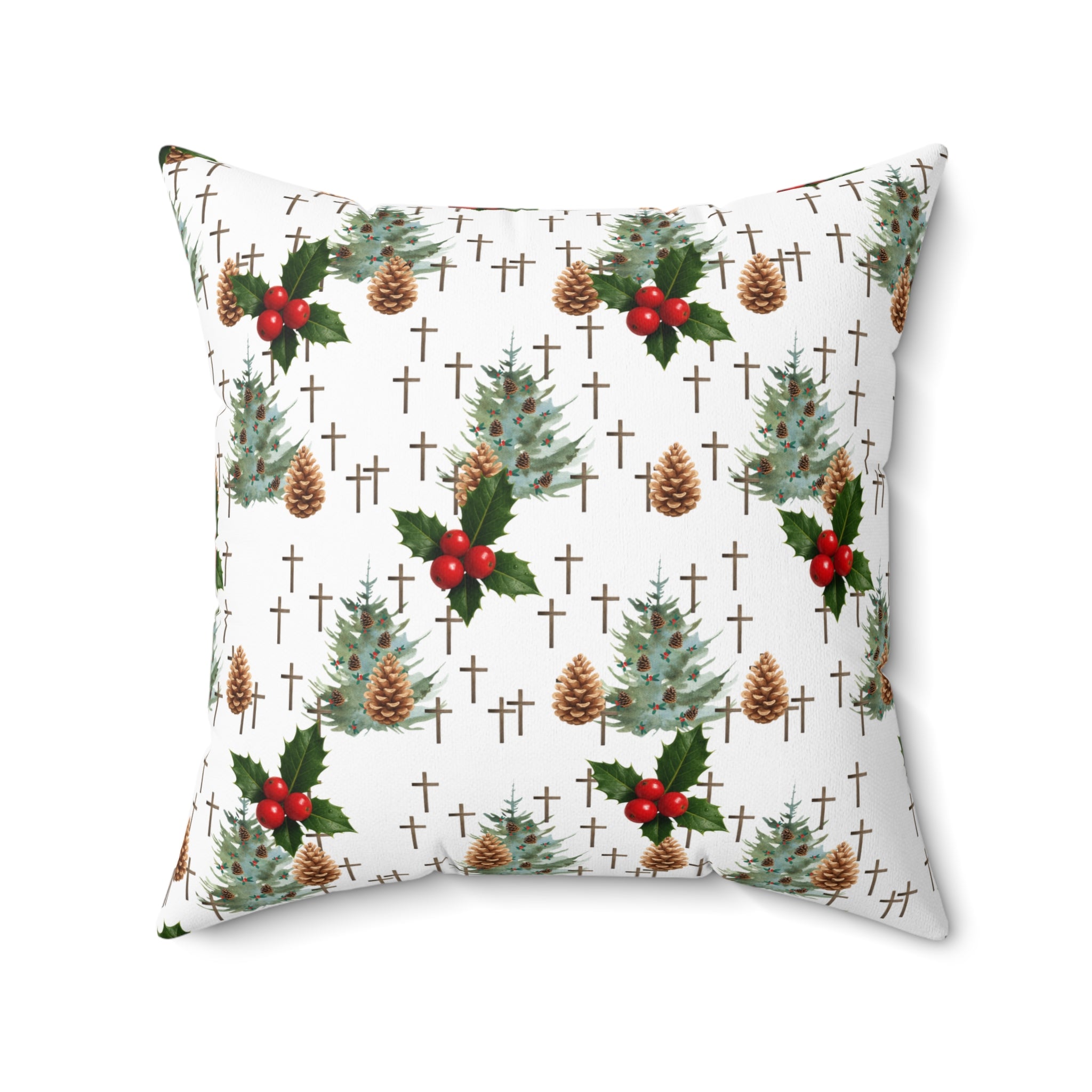 Contemporary Faith-Inspired Christmas Trees & Crosses Holiday Pillow — Holly Berries Accent