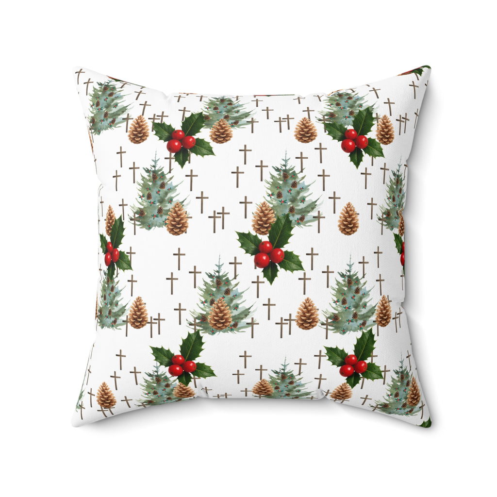 Contemporary Faith-Inspired Christmas Trees & Crosses Holiday Pillow — Holly Berries Accent