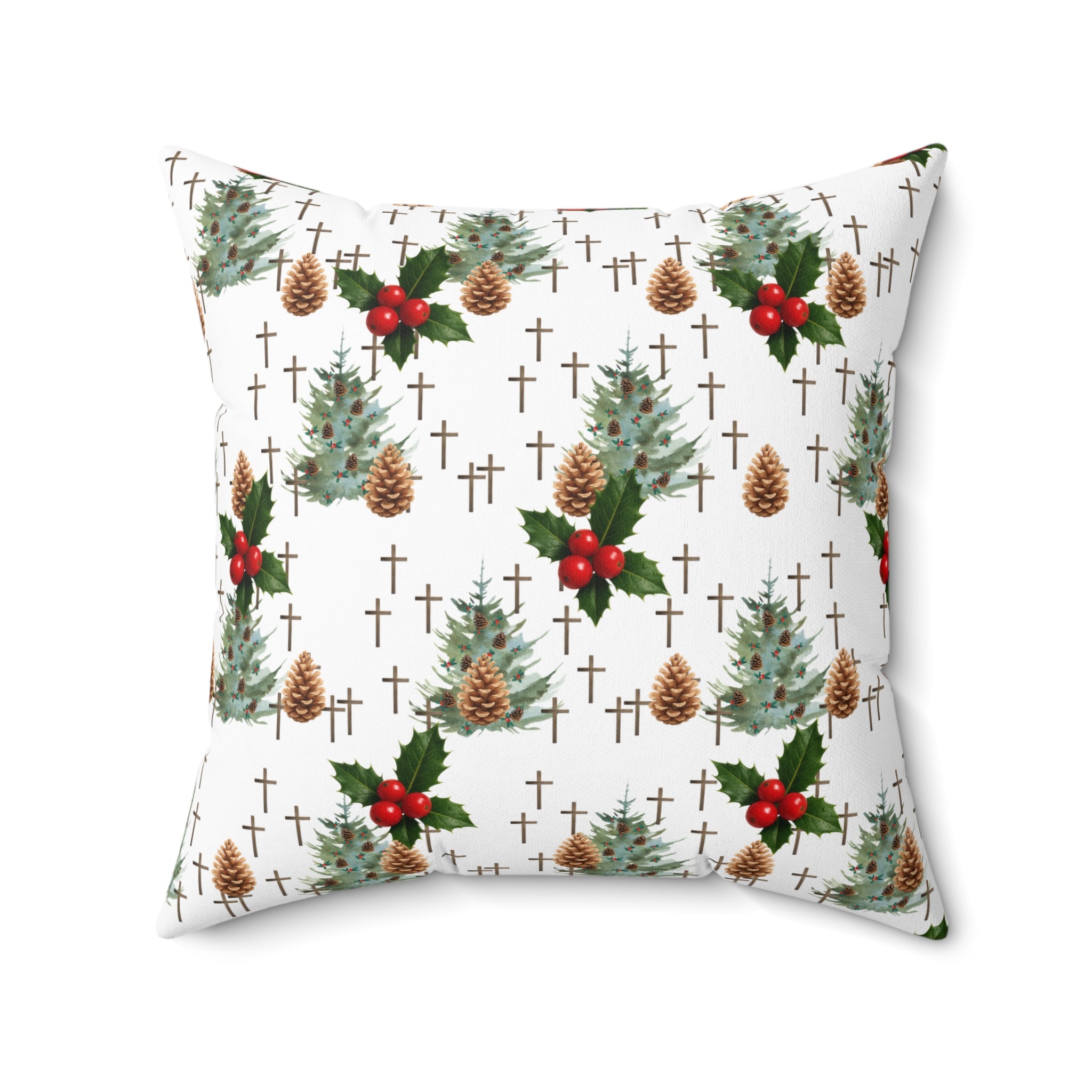 Contemporary Faith-Inspired Christmas Trees & Crosses Holiday Pillow — Holly Berries Accent