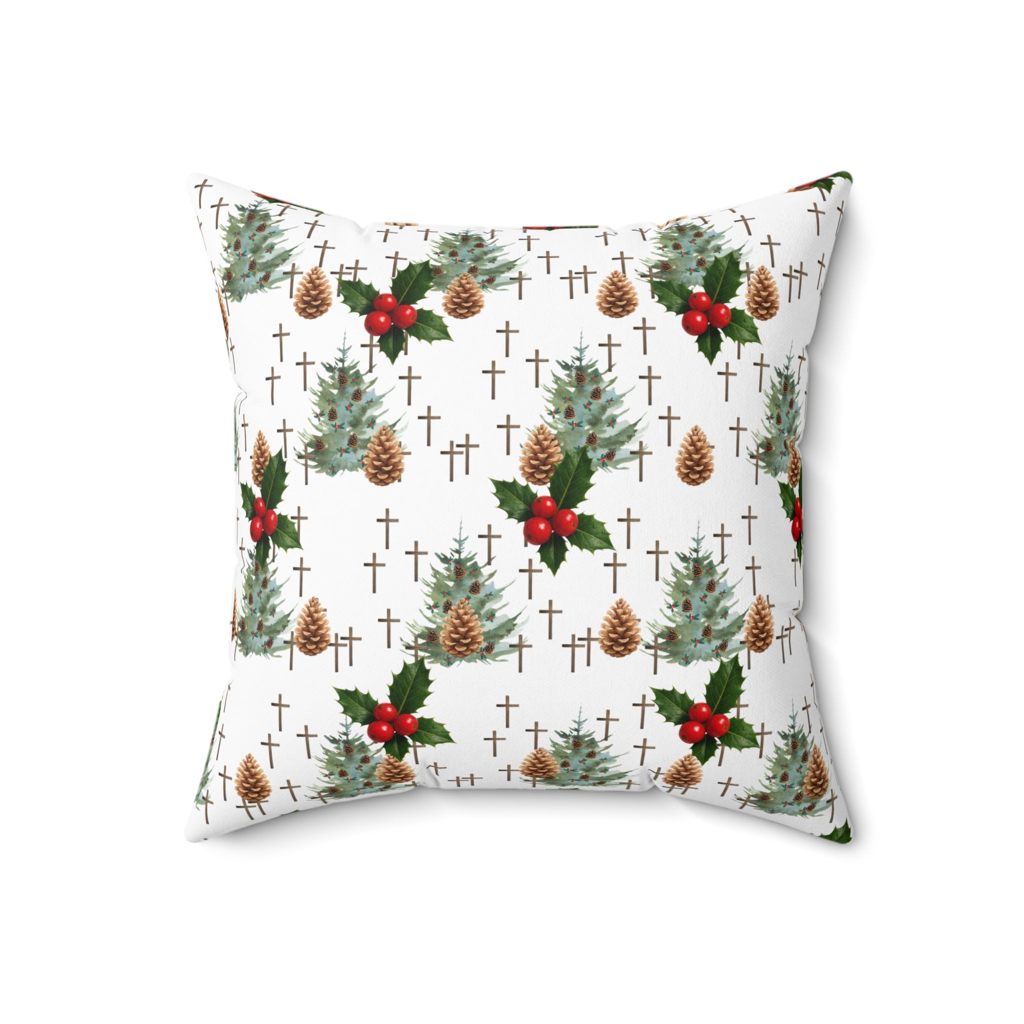 Contemporary Faith-Inspired Christmas Trees & Crosses Holiday Pillow — Holly Berries Accent