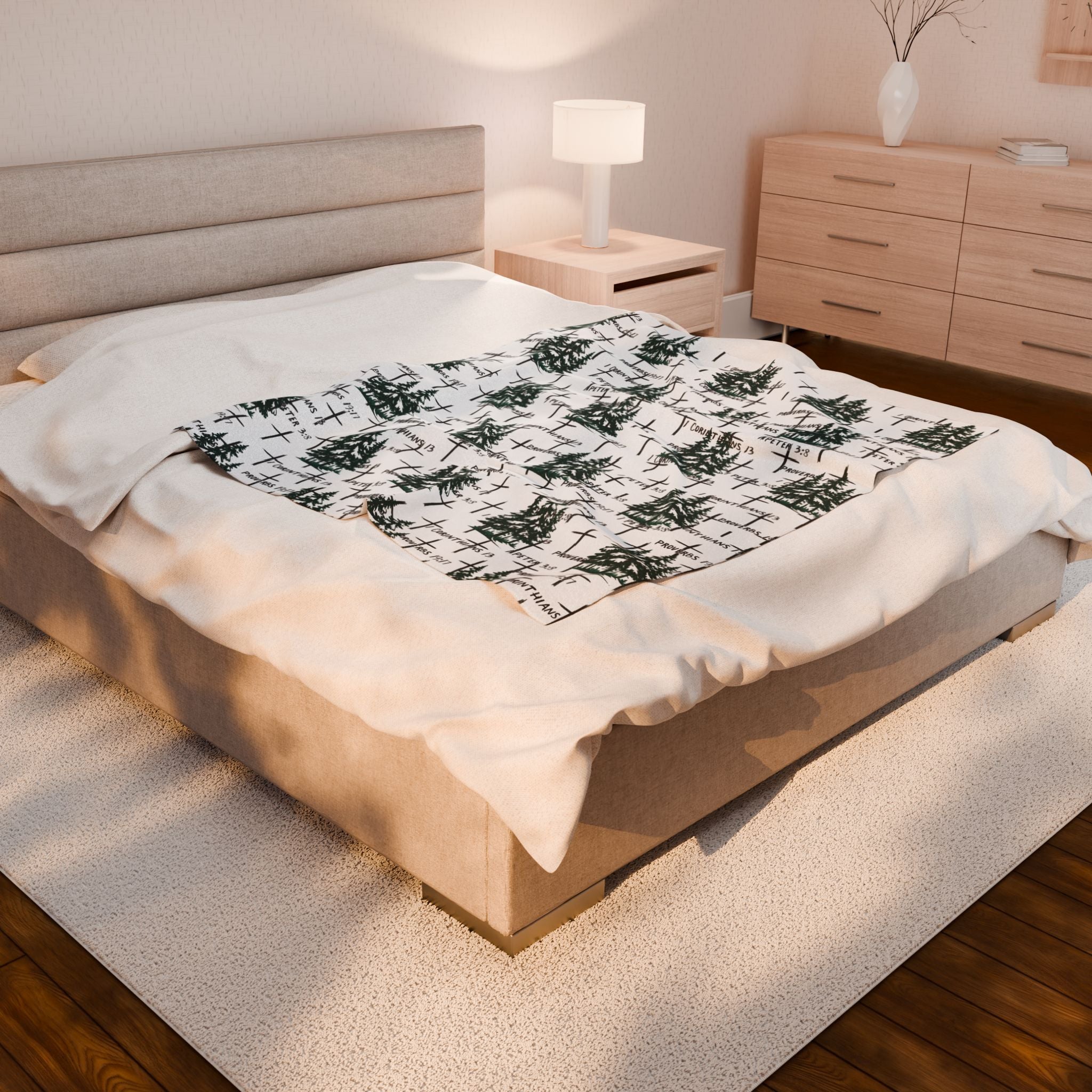 Faith Inspired Tree and Cross Velveteen Plush Blanket | Christmas Decor, Lightweight