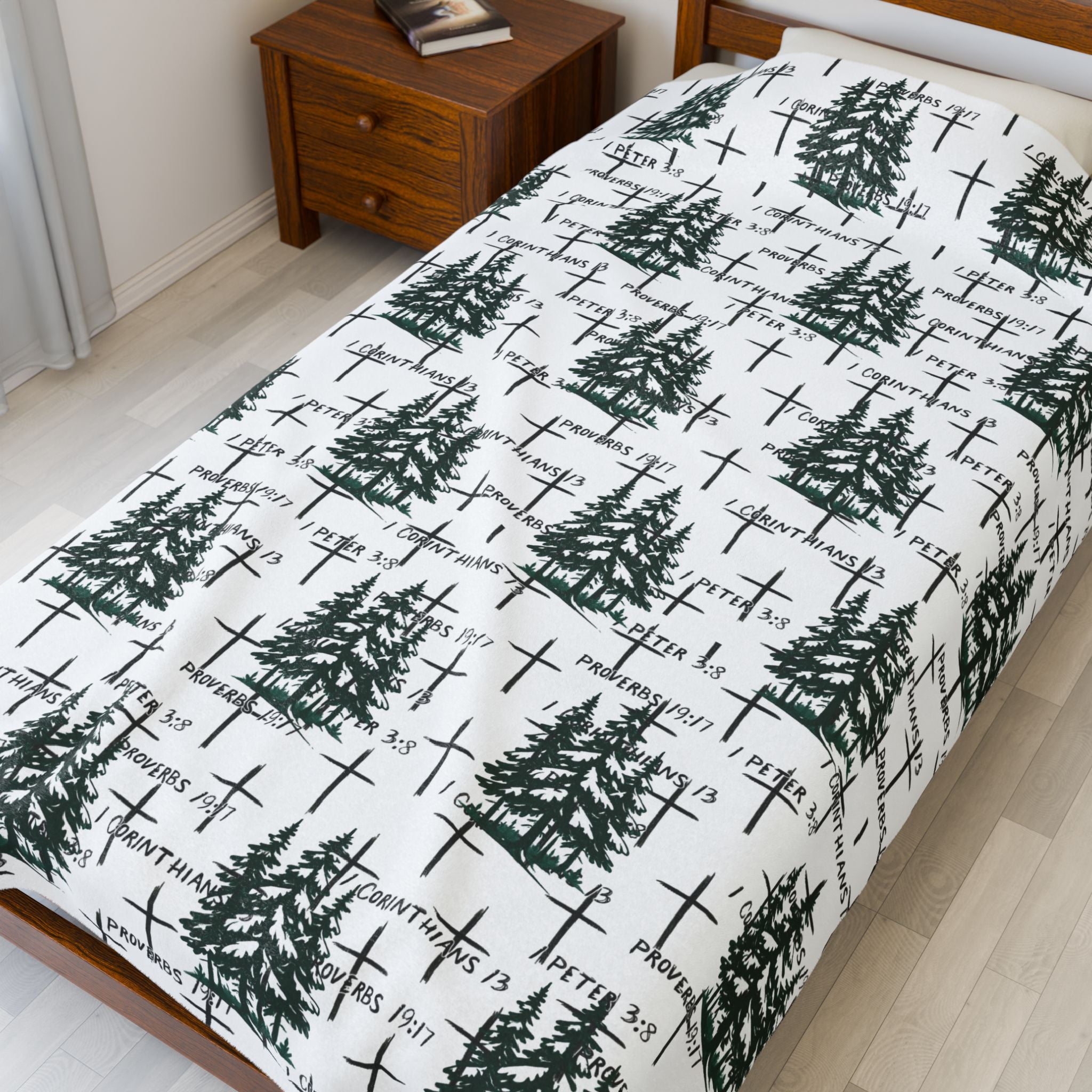 Faith Inspired Tree and Cross Velveteen Plush Blanket | Christmas Decor, Lightweight