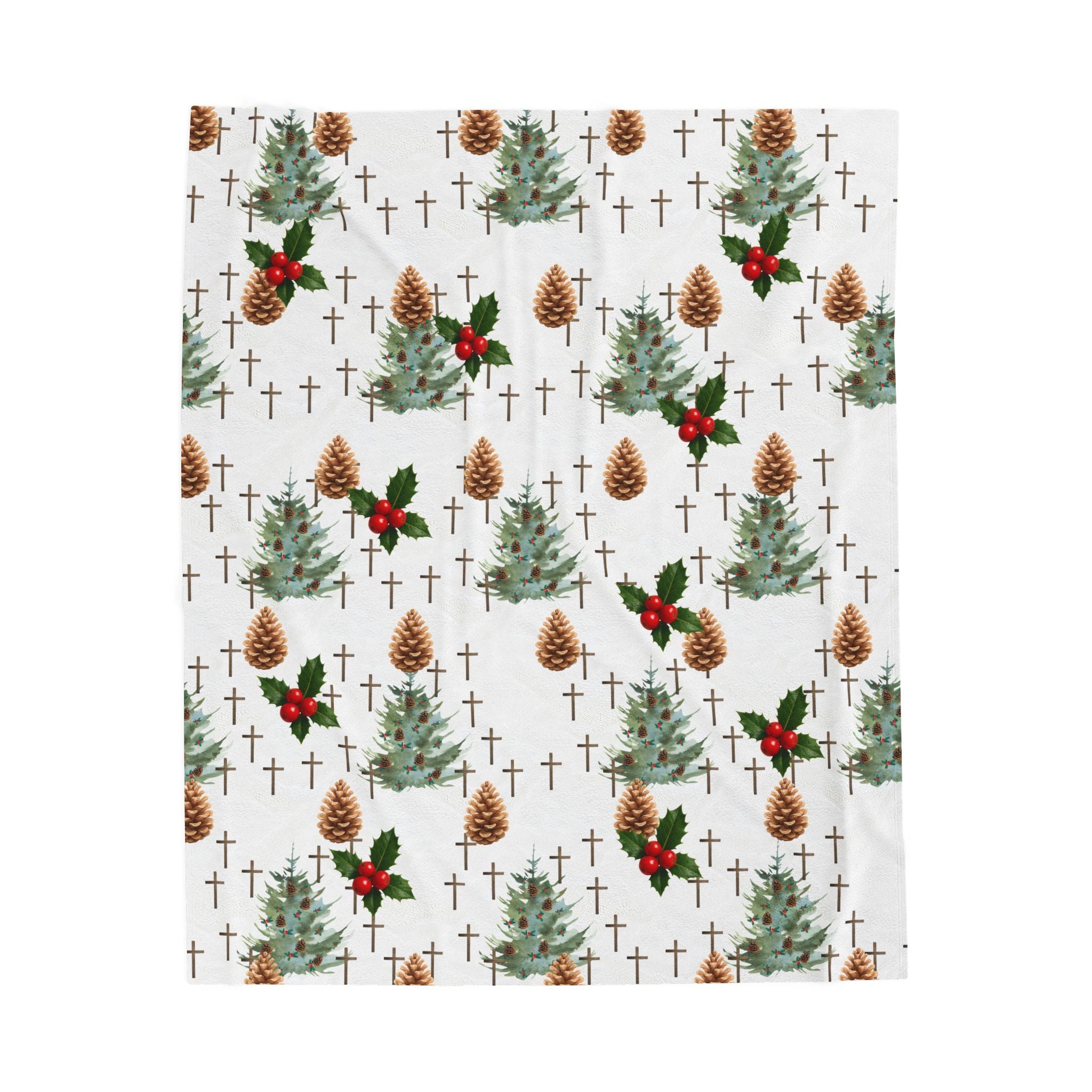 Faith Inspired Pinecone,Tree, and Cross Velveteen Plush Blanket | Christmas Decor, Lightweight