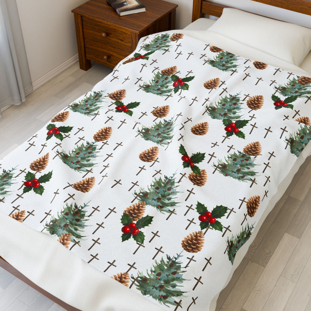 Faith Inspired Pinecone,Tree, and Cross Velveteen Plush Blanket | Christmas Decor, Lightweight
