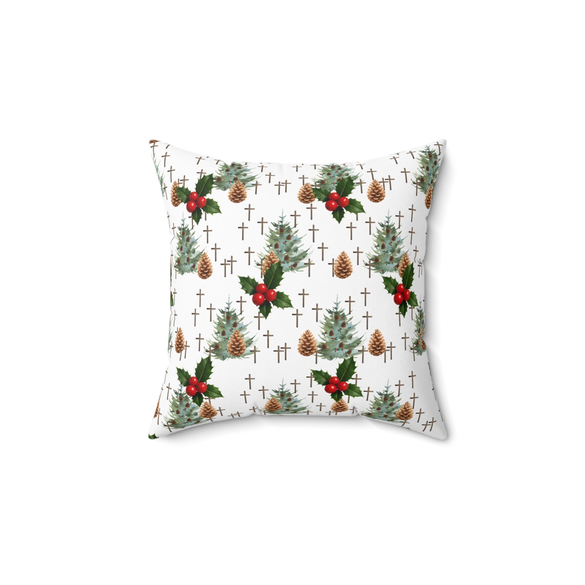 Contemporary Faith-Inspired Christmas Trees & Crosses Holiday Pillow — Holly Berries Accent