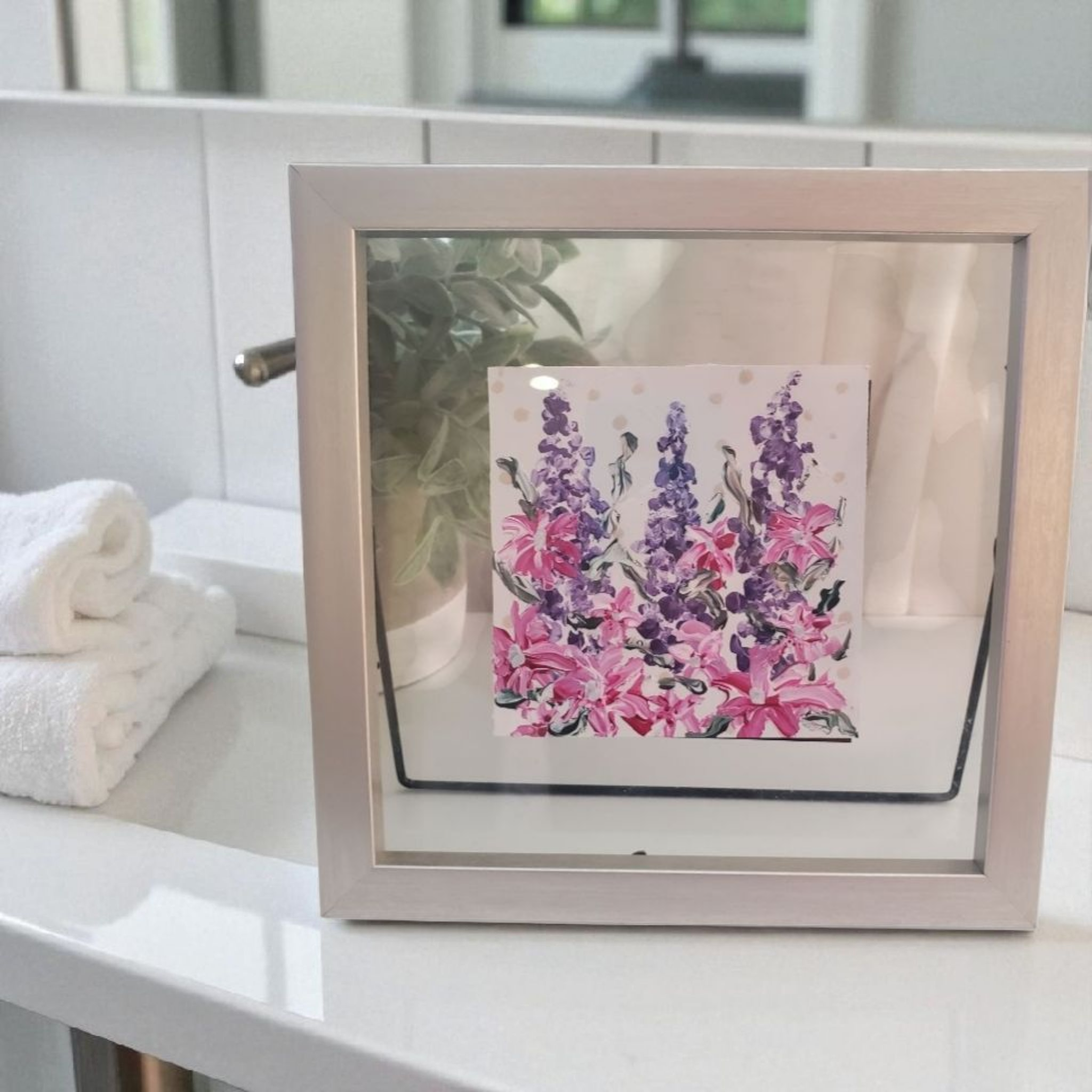 Beautiful original Spring garden  painting in a contemporary Stand alone glass and wood frame