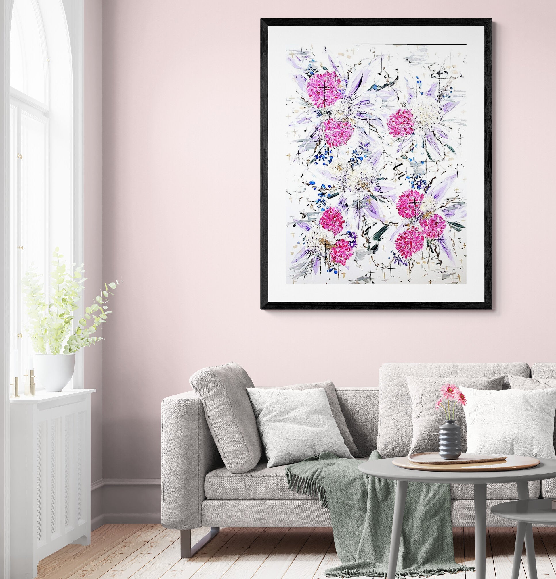 My Wish- Original Impressionist Floral-Faith inspired with Fushia, Lilac with Cross Accents