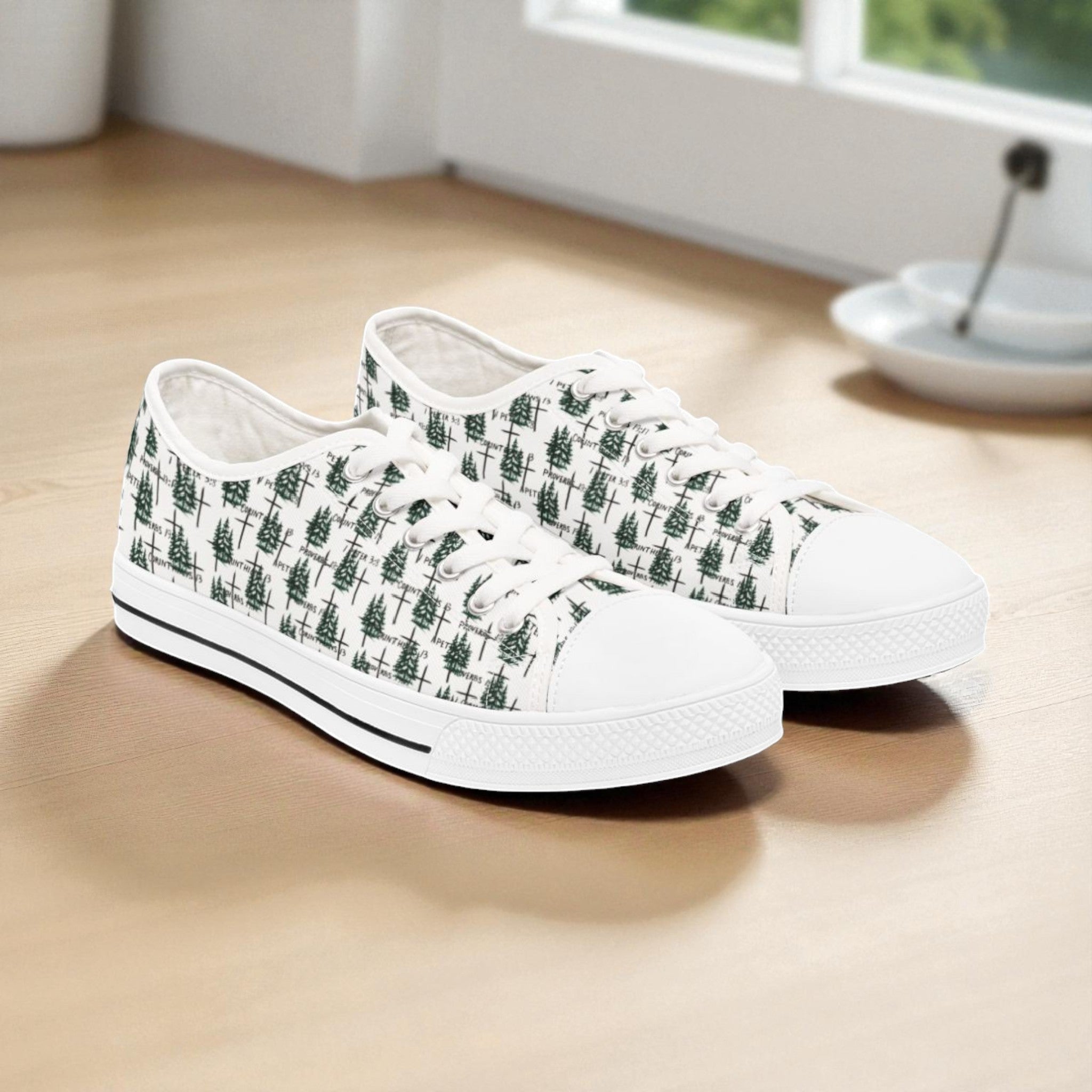 🌲 Faith-Inspired Women’s Tennis Shoes: Pine Trees, Crosses & Scripture