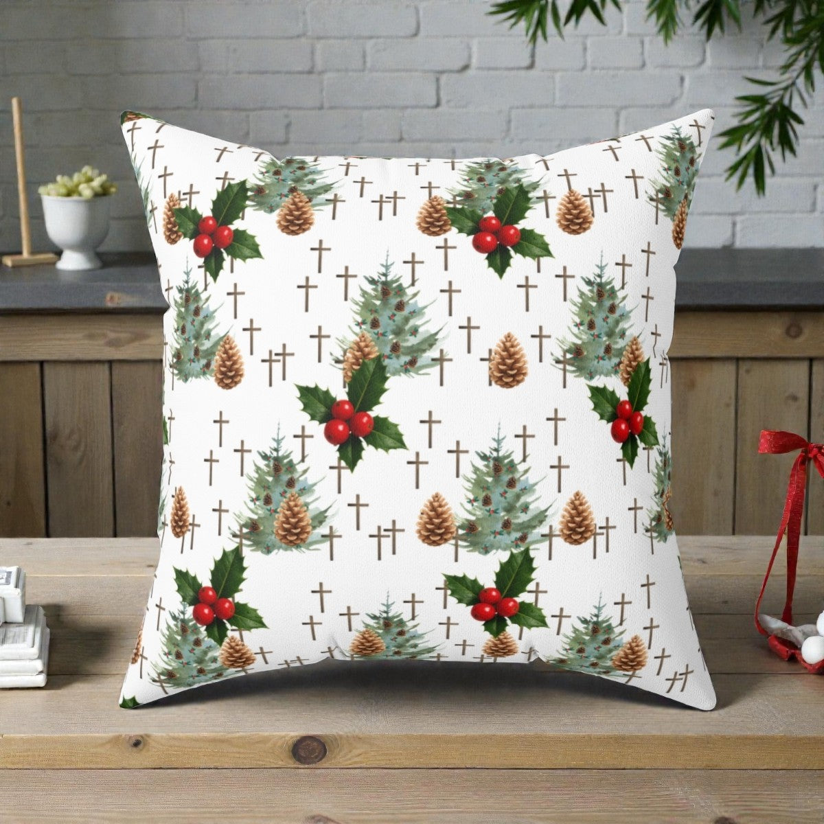 Contemporary Faith-Inspired Christmas Trees & Crosses Holiday Pillow — Holly Berries Accent