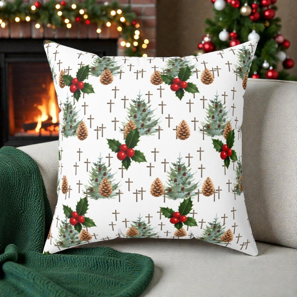 Contemporary Faith-Inspired Christmas Trees & Crosses Holiday Pillow — Holly Berries Accent