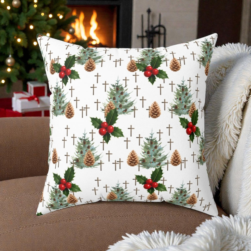 Contemporary Faith-Inspired Christmas Trees & Crosses Holiday Pillow — Holly Berries Accent