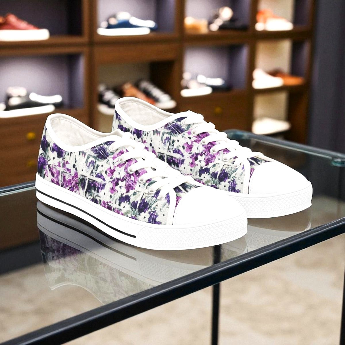 FaithWalks-Purple, white flowers and crosses.Trendy Faith-Inspired Original Design Womens Memory Foam Sneakers